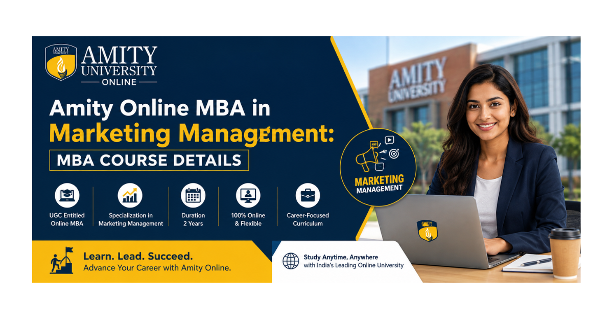 Amity Online MBA in Marketing Management course details banner featuring a student with a laptop, marketing management icon, online MBA benefits, 2-year duration, flexible online learning, and career-