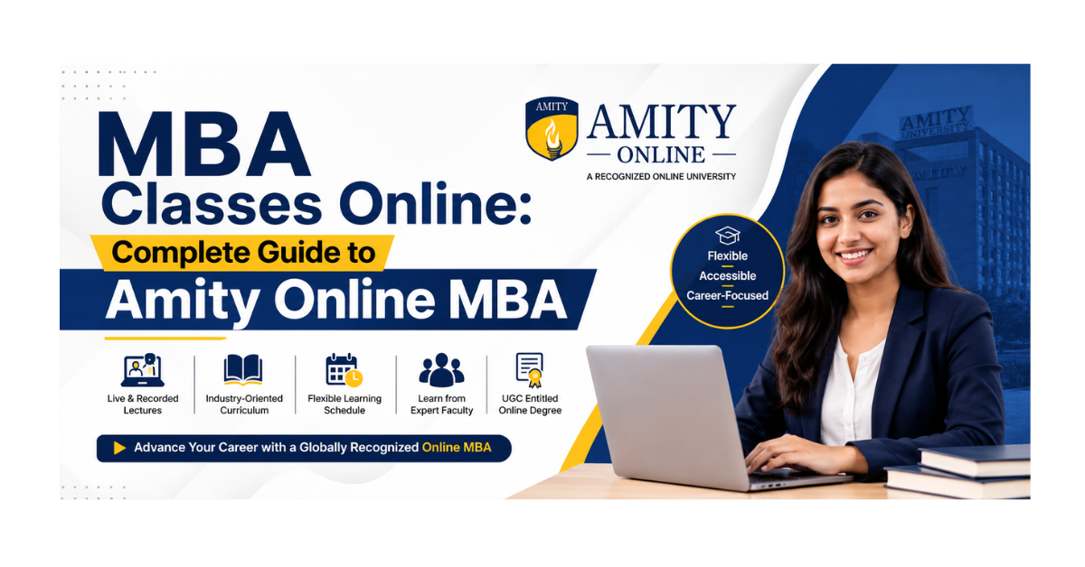 Amity Online MBA classes banner featuring a professional student studying on a laptop, highlighting flexible online learning, industry-oriented curriculum, expert faculty, and career-focused MBA educa